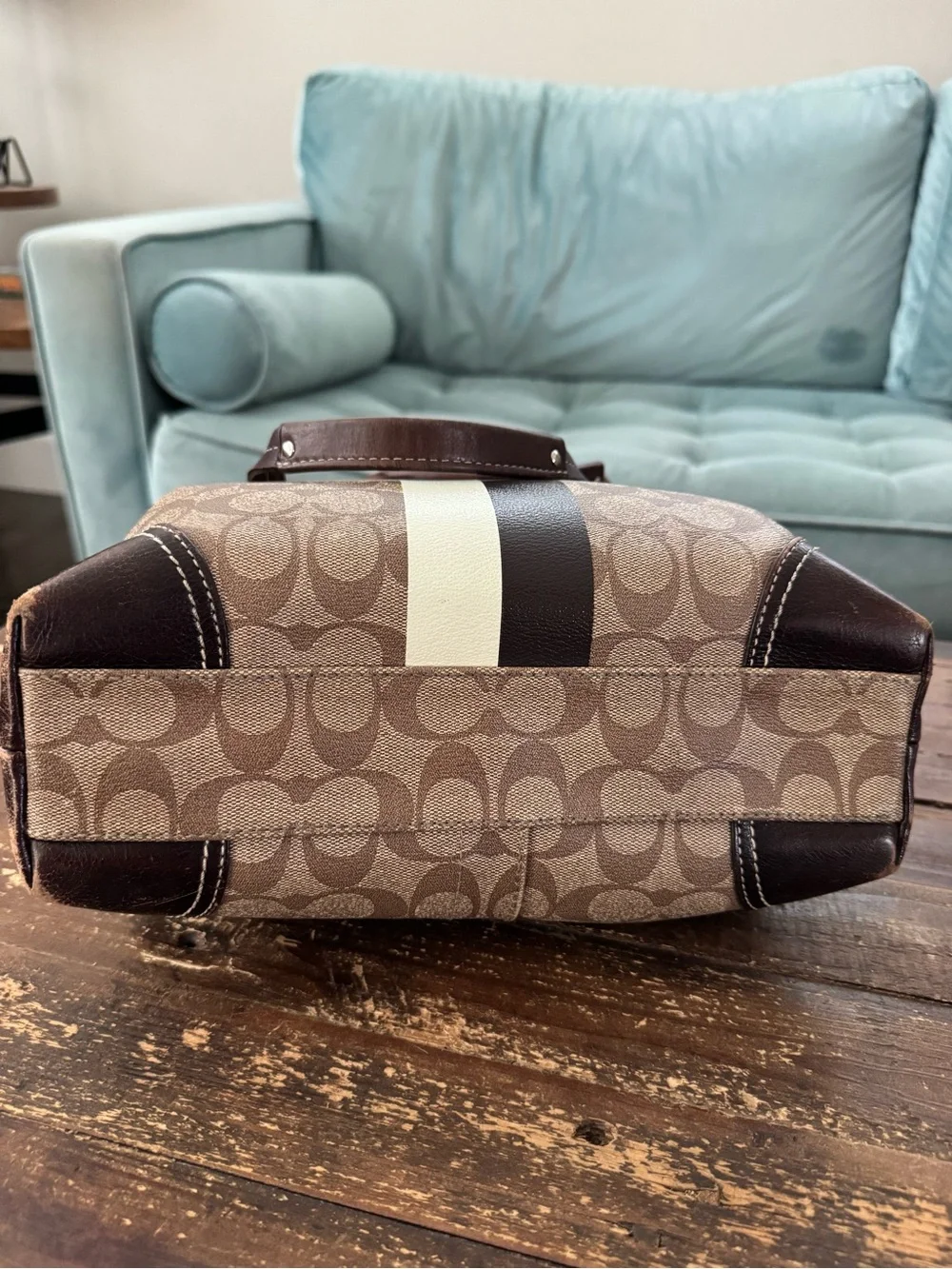 Coach Signature Heritage Stripe Brown, White, & Yellow Tote Bag